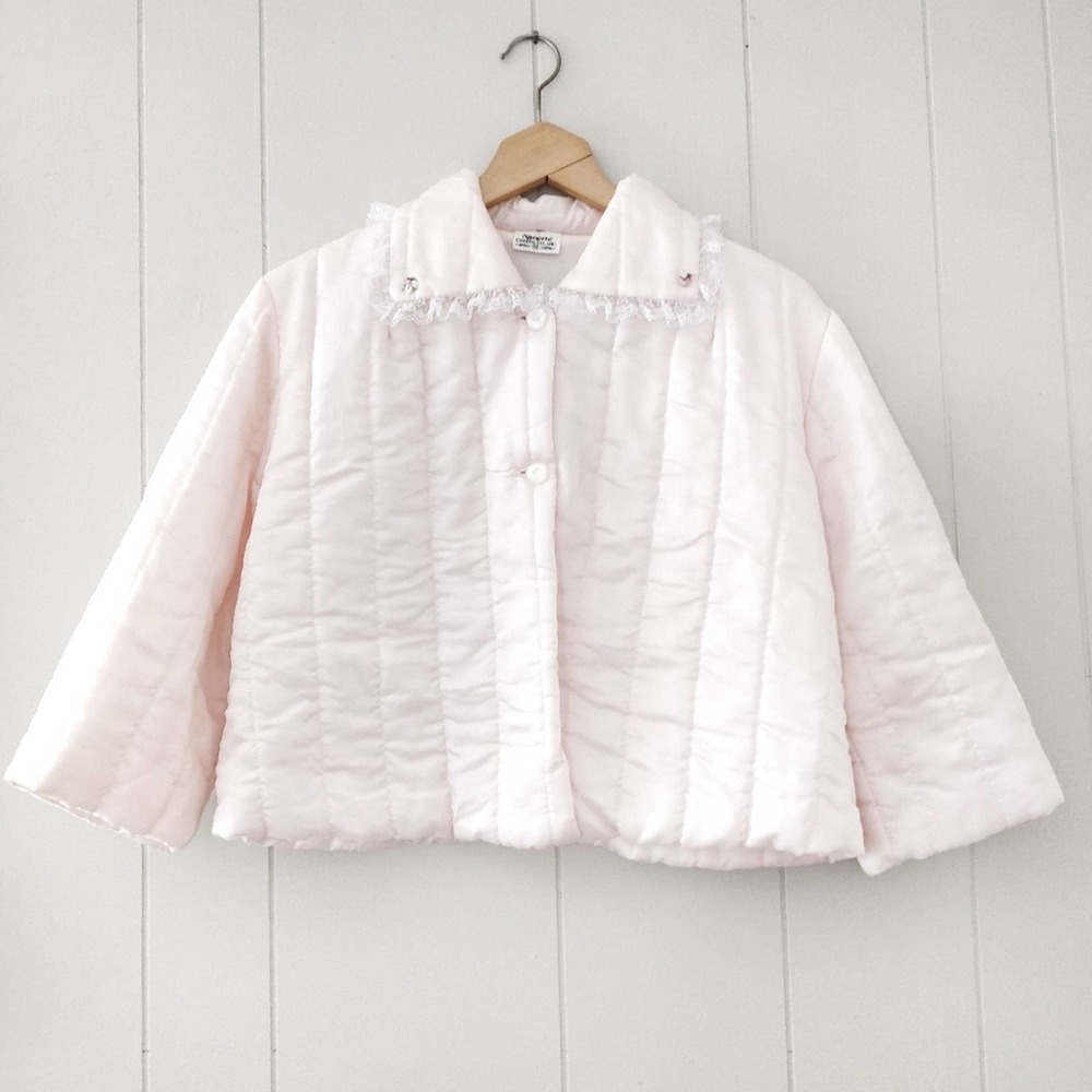 VTG NANETTE UNDIES Pink Quilted 2-Button Bed Jacket Sz Med